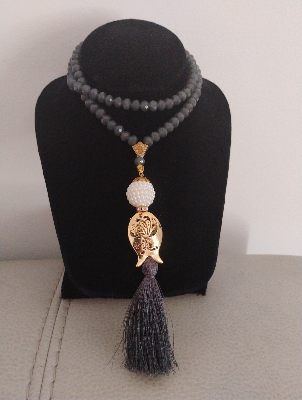 Beaded Grey, simulated Pearl and rhinestone necklace 17" long